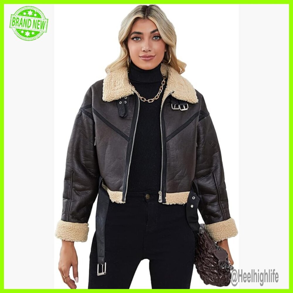 Faux Leather Aviator Bomber Jacket Winter Coat Women's Size S